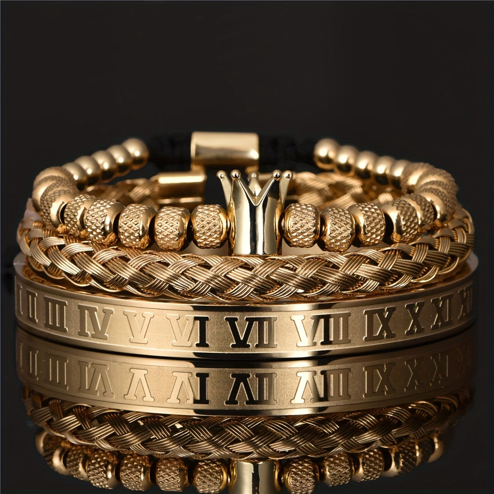 3pcs Golden Luxury Bracelet Set Roman Numerals & Royal Crown Charm