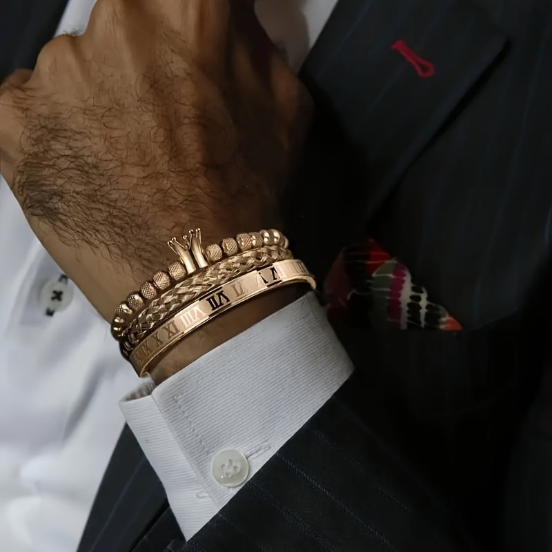 3pcs Golden Luxury Bracelet Set Roman Numerals & Royal Crown Charm