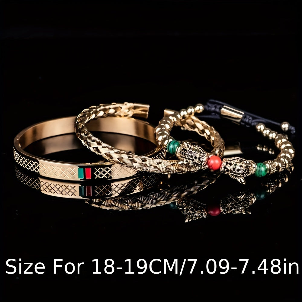 3pcs Golden Luxury Bracelet Set Handmade Double Leopard Head Enamel