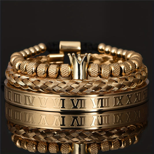 3pcs Golden Luxury Bracelet Set Roman Numerals & Royal Crown Charm
