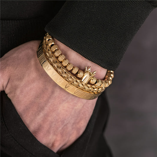 3pcs Golden Luxury Bracelet Set Roman Numerals & Royal Crown Charm