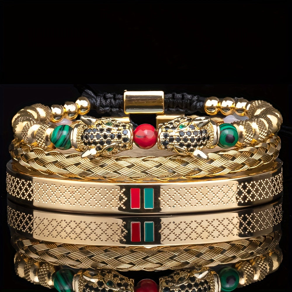 3pcs Golden Luxury Bracelet Set Handmade Double Leopard Head Enamel