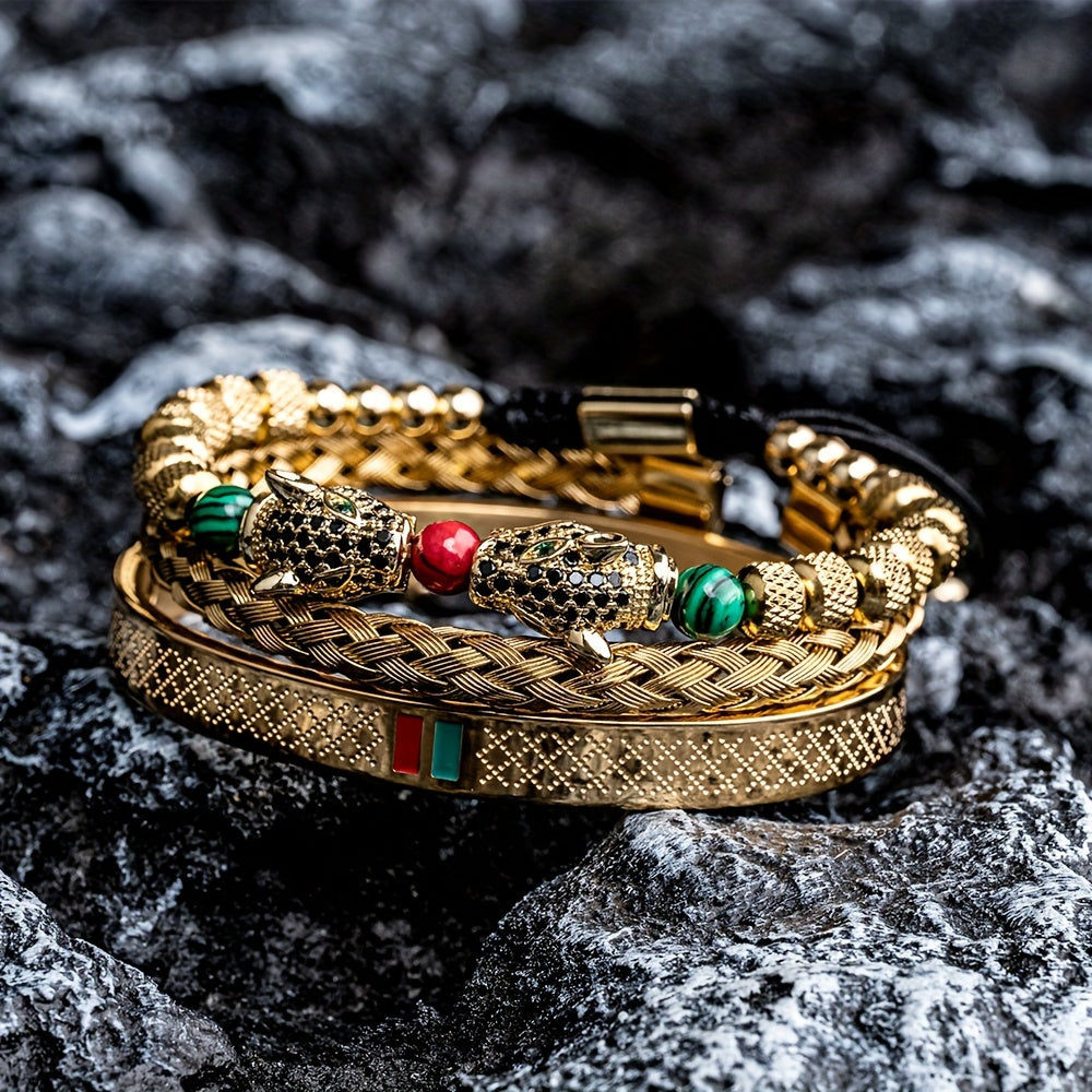 3pcs Golden Luxury Bracelet Set Handmade Double Leopard Head Enamel