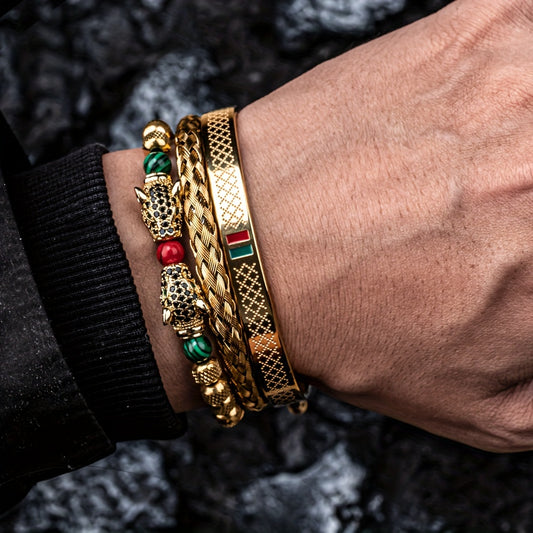 3pcs Golden Luxury Bracelet Set Handmade Double Leopard Head Enamel